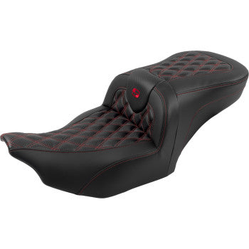 Bill's Exhausts SADDLEMEN RoadSofa™ motorcycle seat with backrest, carbon fiber finish, lattice stitch, and red stitching for FLTR/FLHX 2023-24