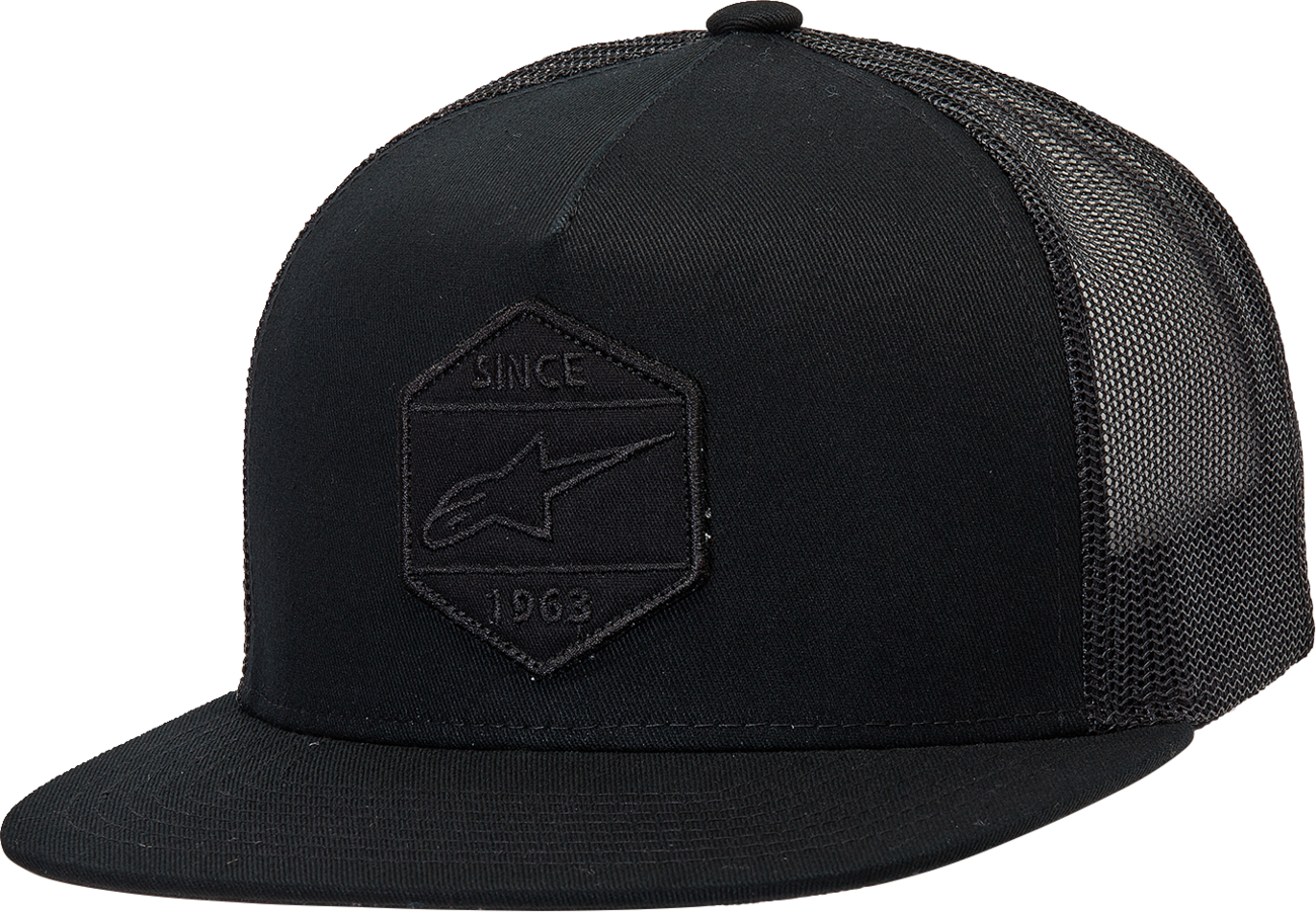 Black and black Alpinstars Bolt Trucker Hat with front logo, adjustable one size fits all, casual outdoor headwear.