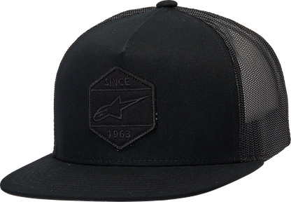 Black and black Alpinstars Bolt Trucker Hat with front logo, adjustable one size fits all, casual outdoor headwear.