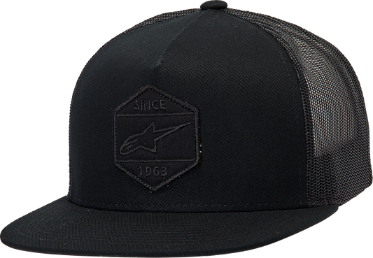 Black and black Alpinstars Bolt Trucker Hat with front logo, adjustable one size fits all, casual outdoor headwear.