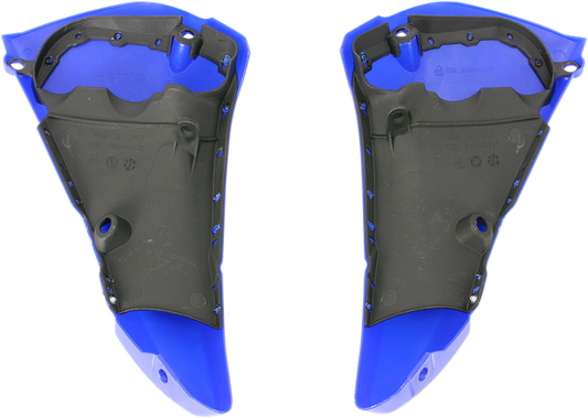 Blue Acerbis radiator shrouds for motorcycle upper body panel, designed for Bill's Exhausts vehicle.