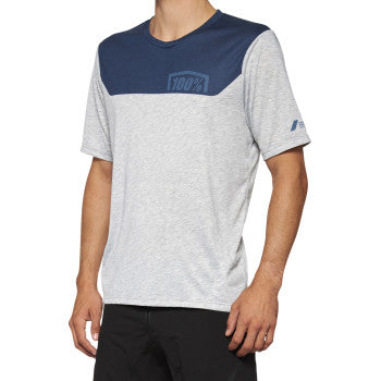 Gray and midnight short-sleeve 100% Airmatic Jersey by Bill's Exhausts, shown laid flat with visible fabric texture and stitching.