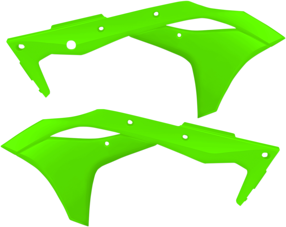 A set of fluorescent green Acerbis radiator shrouds for motorcycle body protection, with visible vents and aerodynamic design.