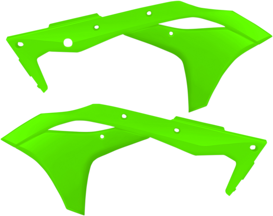 A set of fluorescent green Acerbis radiator shrouds for motorcycle body protection, with visible vents and aerodynamic design.