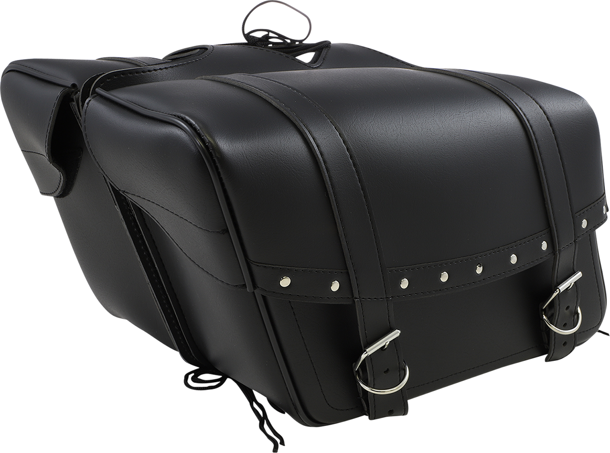Bill's Exhausts SADDLEMEN Highwayman Rivet Slant-Style Saddlebags on motorcycle, large, rugged leather with rivet accents.