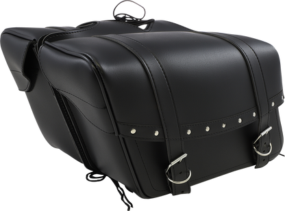 Bill's Exhausts SADDLEMEN Highwayman Rivet Slant-Style Saddlebags on motorcycle, large, rugged leather with rivet accents.