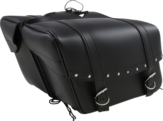 Bill's Exhausts SADDLEMEN Highwayman Rivet Slant-Style Saddlebags on motorcycle, large, rugged leather with rivet accents.