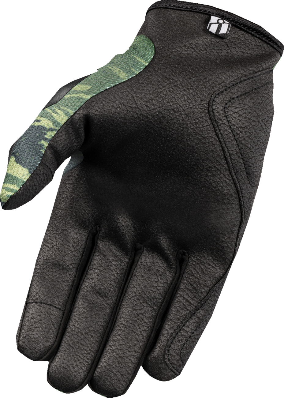ICON Hooligan™ Tiger's Blood gloves in green, medium size, featuring a bold tiger design and durable construction from Bill's Exhausts.