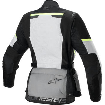 Alpinestars Stella Andes Air Drystar motorcycle jacket in ice gray, dark gray, and black, size XL, front view showing protective design.