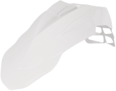 A white Acerbis Supermoto front fender mounted on a motorcycle, designed for durability and style in off-road and supermoto riding.