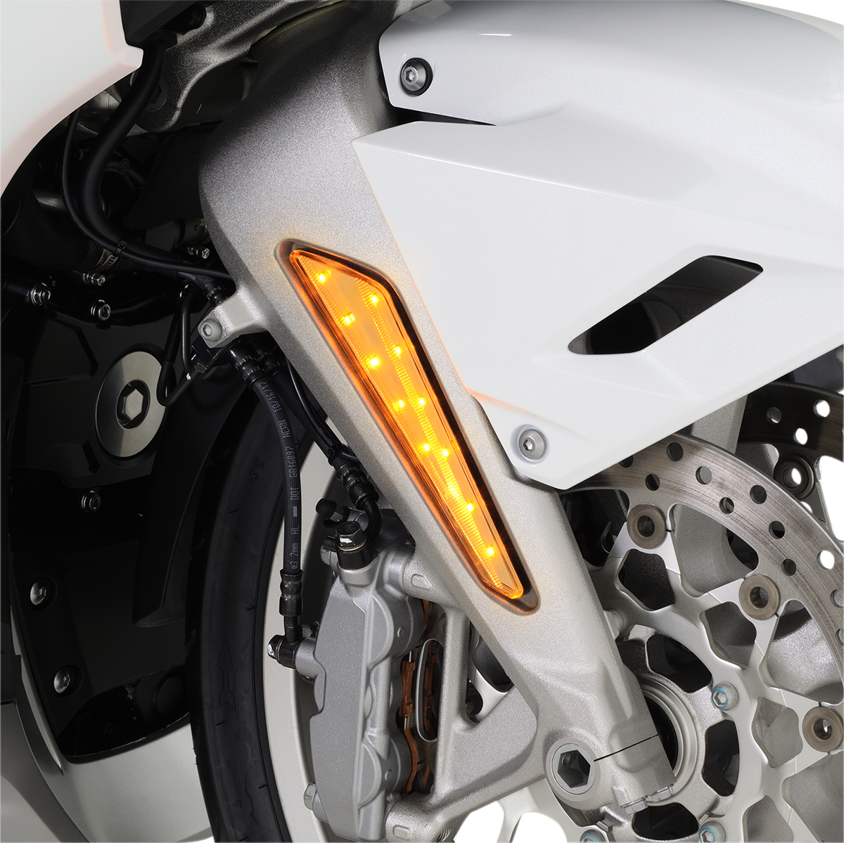 SHOW Chrome LED marker lights with clear lens and amber LEDs for Honda GL1800 engine, by Bill's Exhausts.