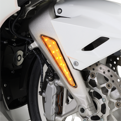 SHOW Chrome LED marker lights with clear lens and amber LEDs for Honda GL1800 engine, by Bill's Exhausts.