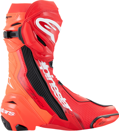 Alpinestars Supertech R motorcycle boots in red, US 9.5 / EU 44, with protective features and sturdy construction.