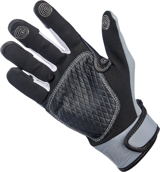 Gray BILT WELL Baja motorcycle gloves by Bill's Exhausts in medium size, showing their rugged design and protective features.