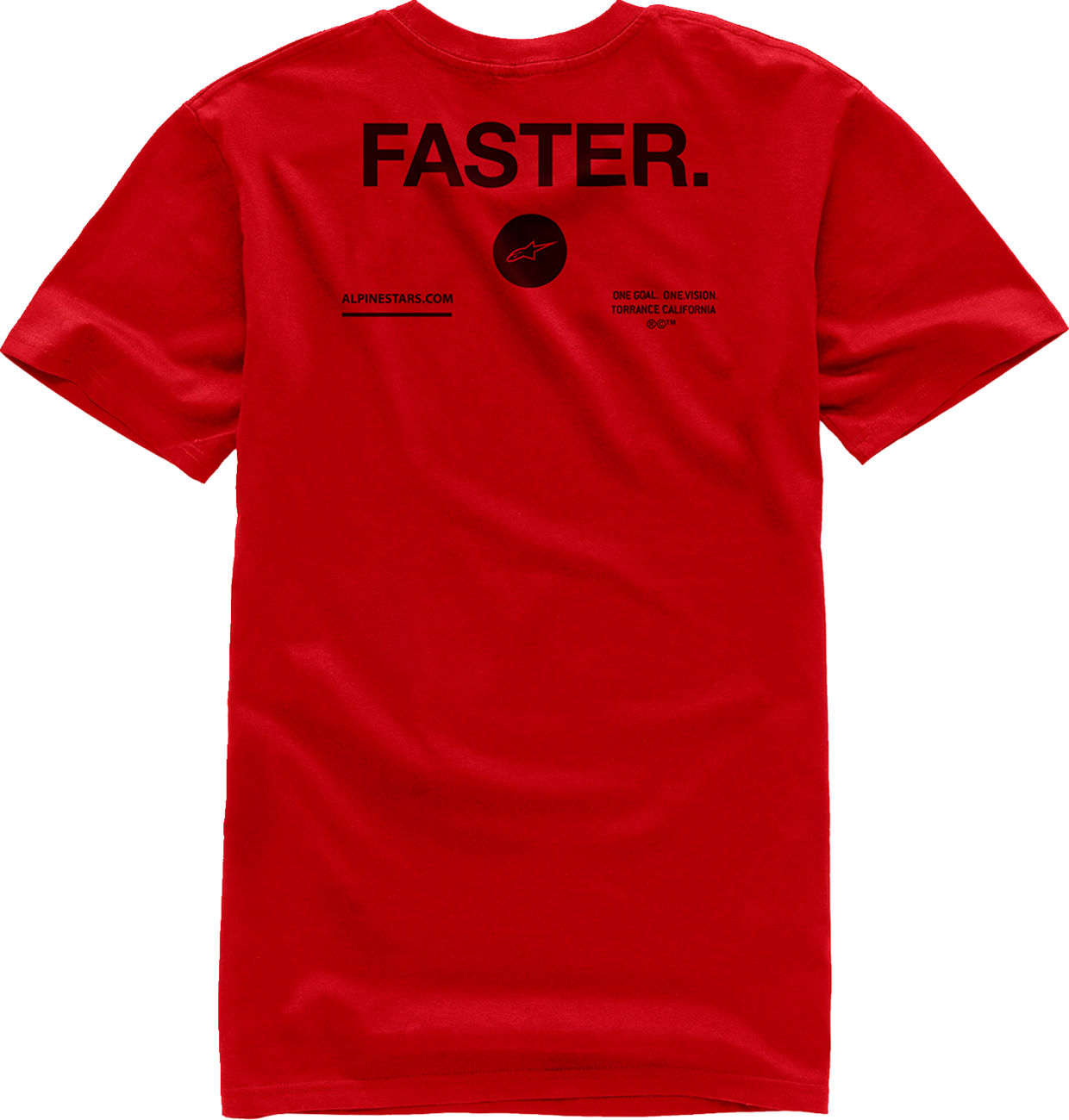 Red Alpinestars Faster T-Shirt in Medium, featuring bold branding and a comfortable fit, displayed on a plain background.