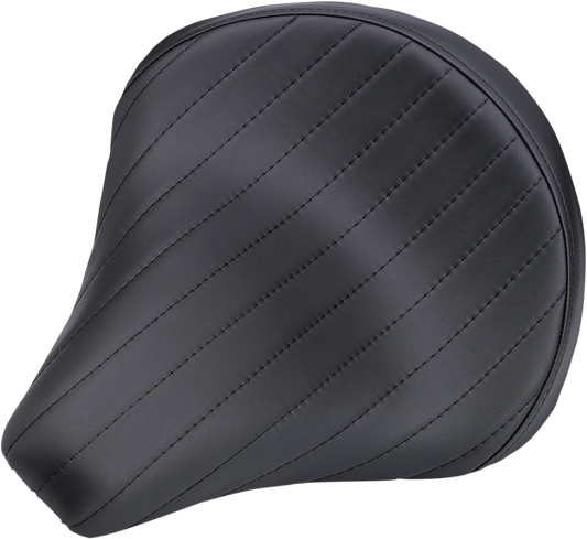 Black BILT WELL Solo 2 motorcycle seat with tuck and roll design, showcasing sleek stitching and padded comfort.