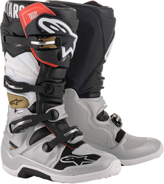 Alpinestars Tech 7 motocross boots in black and gray, US size 14, with sturdy construction and protective features.
