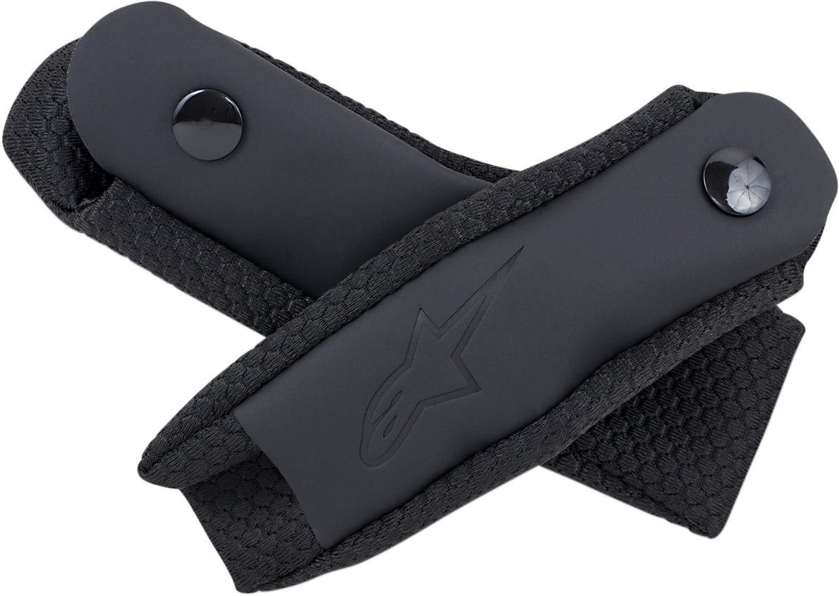 Black Alpinstars Supertech M8/M10 chin strap for helmets, showing the durable strap with fastening clips and branding details.