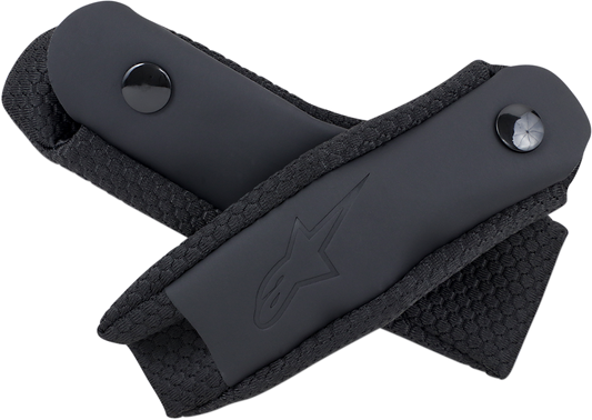 Black Alpinstars Supertech M8/M10 chin strap for helmets, showing the durable strap with fastening clips and branding details.