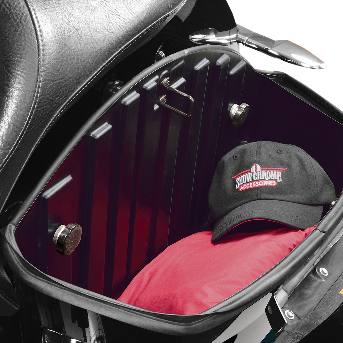 Show Chrome saddlebag fasteners for Harley-Davidson 1999-2020, engine mounting hardware from Bill's Exhausts, in black finish.