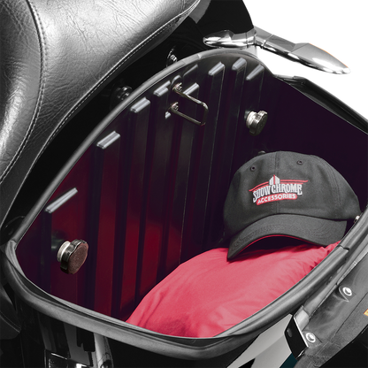 Show Chrome saddlebag fasteners for Harley-Davidson 1999-2020, engine mounting hardware from Bill's Exhausts, in black finish.