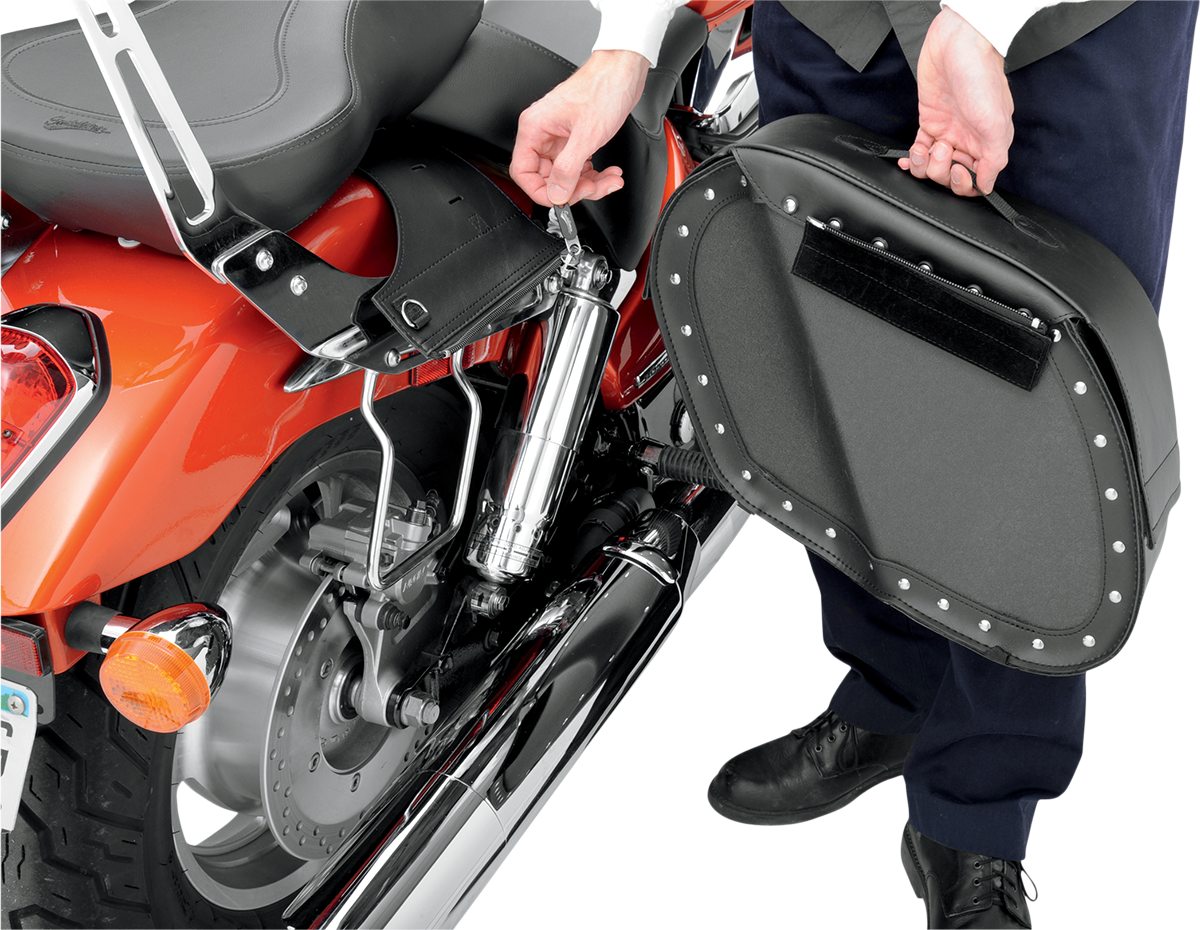 Bill's Exhausts Cruis'n Saddlebags with shock cut-out for motorcycle seats, featuring durable leather construction and stylish design.