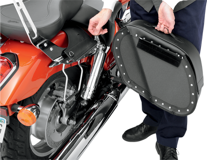 Bill's Exhausts Cruis'n Saddlebags with shock cut-out for motorcycle seats, featuring durable leather construction and stylish design.
