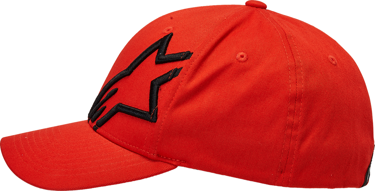 Bill's Exhausts Alpinstars Corp Shift 2 hat in warm red and black, small/medium size, showcasing stylish sporty cap design.