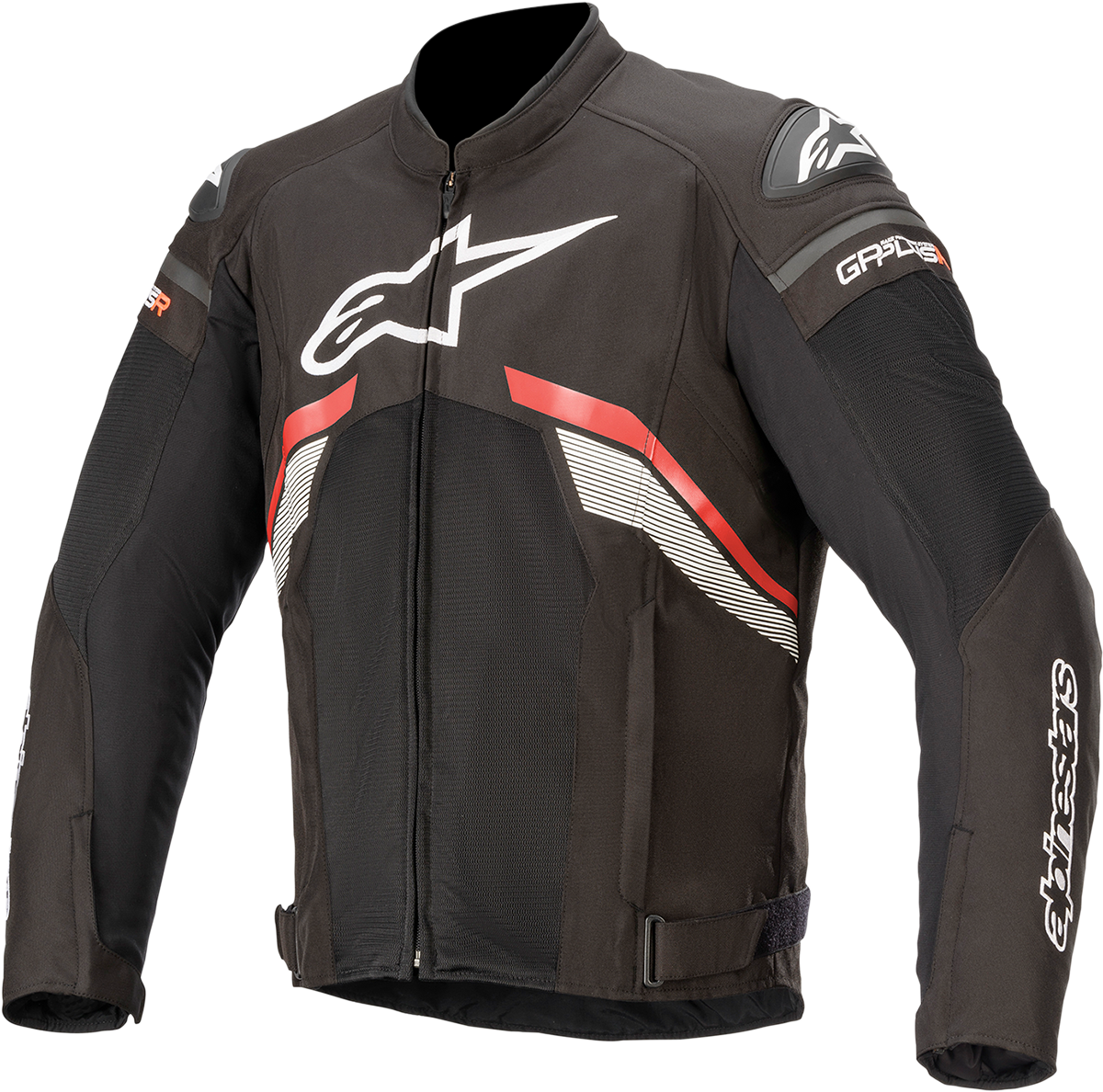Alpinestars T-GP Plus R Air motorcycle jacket in black, red, and white with protective padding and adjustable features.