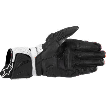Black, red, and white ALPINESTARS GP Pro R4 motorcycle gloves with protective padding and breathable design, size large.