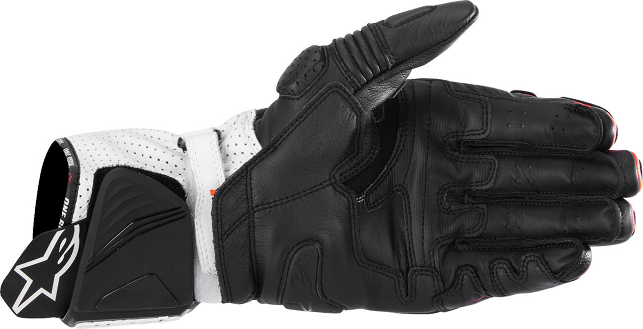 Alpinestars GP Pro R4 motorcycle gloves in black, fluo red, and white with 2XL size, featuring protective armor and breathable material.