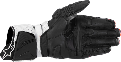 Alpinestars GP Pro R4 motorcycle gloves in black, fluo red, and white with protective armor on knuckles, small size.