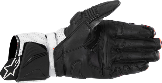 Alpinestars GP Pro R4 motorcycle gloves in black, fluo red, and white with protective armor on knuckles, small size.