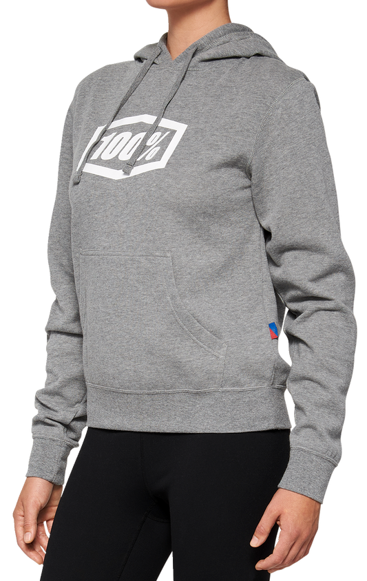 Heather gray women's Icon hoodie by Bill's Exhausts, medium size, front view showing hoodie design and fabric texture.