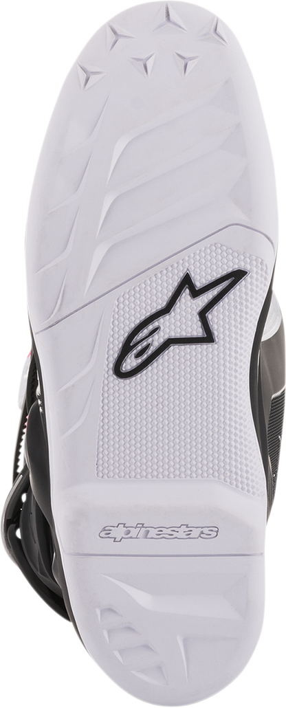 Alpinestars Stella Tech 3 motorcycle boots in black, white, and pink with ankle protection and sturdy sole, US size 6.