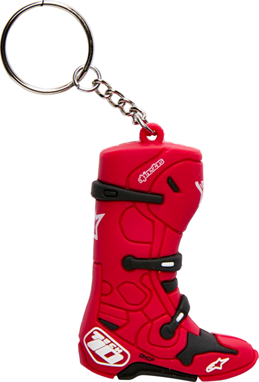 Alpinestars Tech 10 motorcycle boot key fob in red with detailed design and branding, used for keychain or accessory attachment.