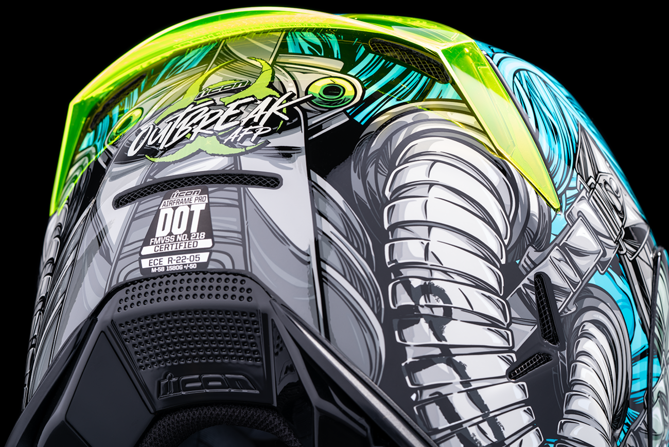 Blue ICON Airframe Pro™ helmet with Outbreak design, large size, featuring sleek aerodynamics and modern safety features.