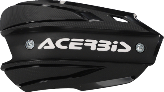 Acerbis Endurance X black and white handshields mounted on motorcycle handlebars for protection and style.