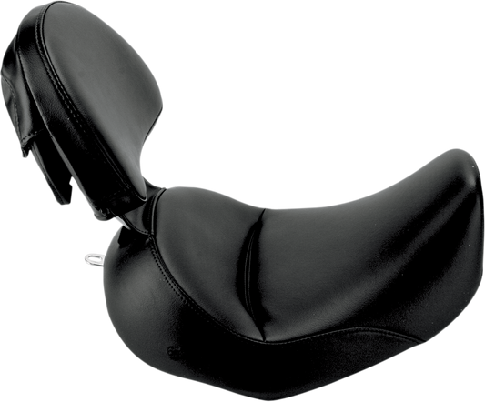 Black Saddlemens Heels Down Solo Seat with backrest for FLSTC motorcycles, featuring plain design and comfortable seating.