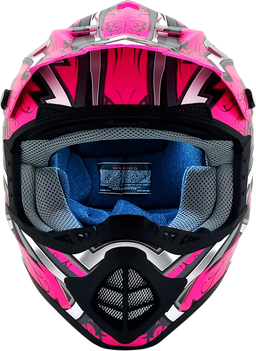 Bill's Exhausts AFX FX-17 Butterfly helmet in matte hot pink, large size, with sleek aerodynamic design and butterfly graphics.