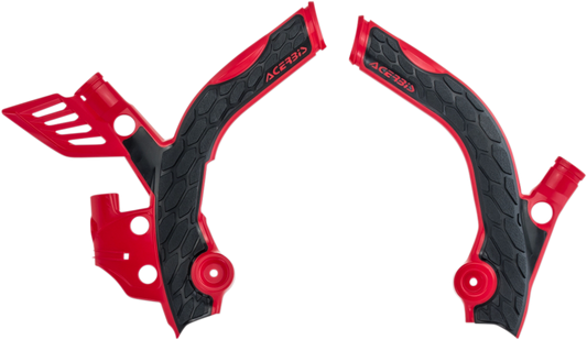 Acerbis X-Grip frame guards in red and black attached to motorcycle body, providing protection and a sporty look.