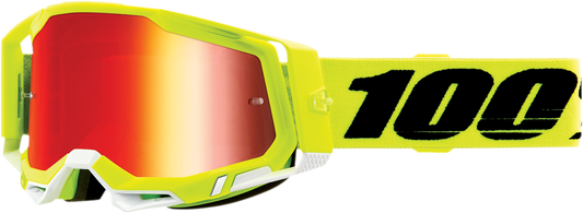 Bill's Exhausts 100% Racecraft 2 goggles in fluo yellow with red mirror lenses, designed for motocross and off-road riding.