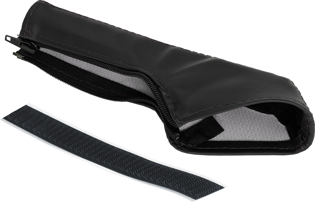Bill's Exhausts SHOW CHROME black stitch e-brake cover for Slingshot engine, featuring chrome finish and detailed stitching.