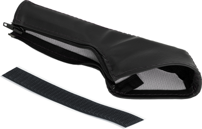 Bill's Exhausts SHOW CHROME black stitch e-brake cover for Slingshot engine, featuring chrome finish and detailed stitching.