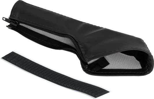 Bill's Exhausts SHOW CHROME black stitch e-brake cover for Slingshot engine, featuring chrome finish and detailed stitching.