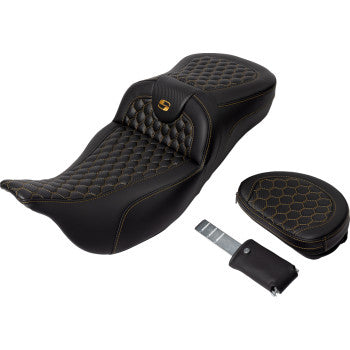 Bill's Exhausts SADDLEMEN RoadSofa seat in honeycomb gold stitch with backrest and extended reach for FLH/FLT 2008-2023.