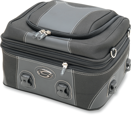 Bill's Exhausts Saddlemens Pillion Luggage Bag 3516-0145 on motorcycle seat, black, durable design for extra storage.