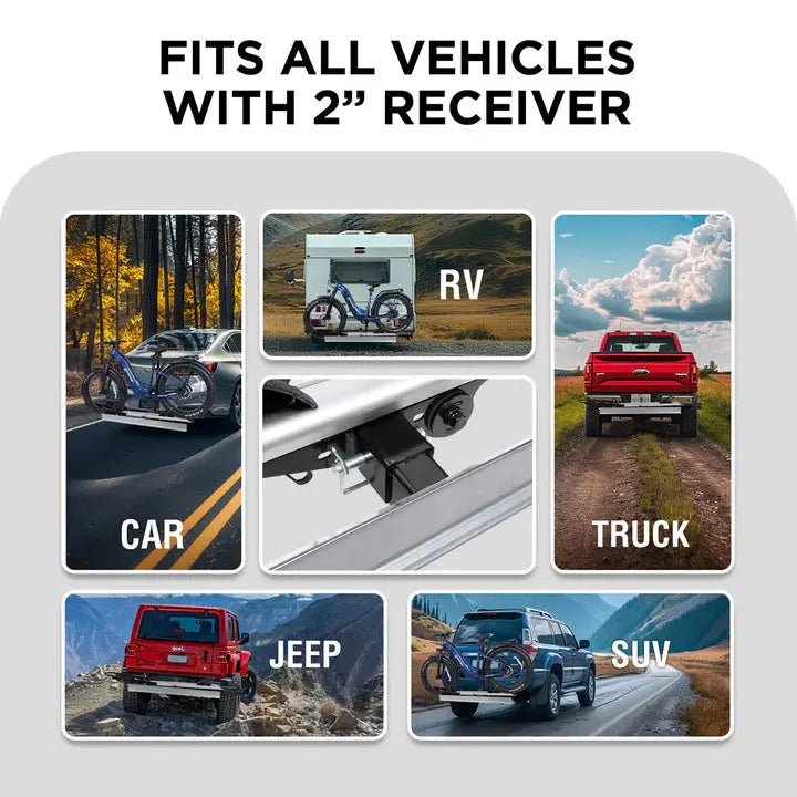 1-Bike Hitch E-bike Rack with Ramp, Folding Single Electric Bike Carrier, 100 LBS Capacity, Fits 2'' Receiver - Howling Moto