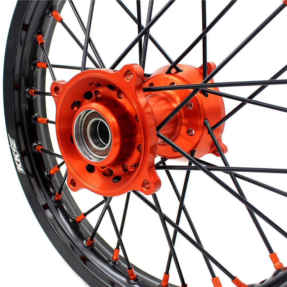 KKE 19"×1.6/16"×1.85 Spoke Kid's Big Wheels Rims Fit KTM SX 85 2003-2020 Orange Nipples & Black Spokes - Howling Moto