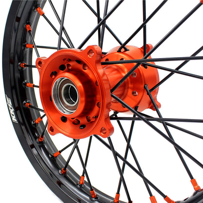 KKE 19"×1.6/16"×1.85 Spoke Kid's Big Wheels Rims Fit KTM SX 85 2003-2020 Orange Nipples & Black Spokes - Howling Moto